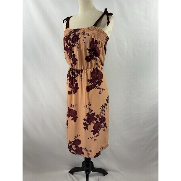 Bobeau Sundress Dress Peach Burgundy Floral Large Ribbon Straps Midi - Picture 11 of 11